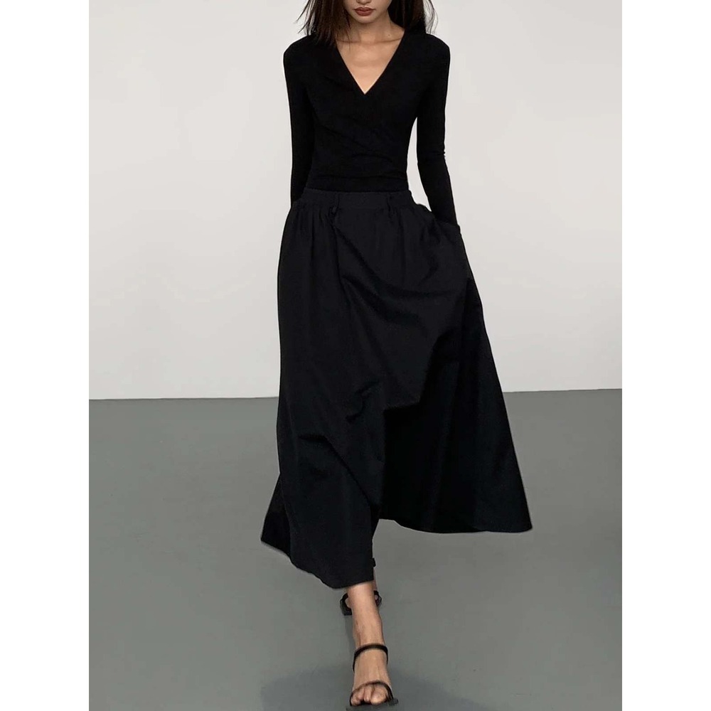 COMMENSE Cotton Black V-Neck Double Pocket Long Sleeve Maxi Dress Large